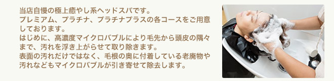 当店自慢の極上癒し系ヘッドスパです。プレミアム、プラチナ、プラチナプラスの各コースをご用意しております。はじめに、高濃度マイクロバブルにより毛先から頭皮の隅々まで汚れを浮き上がらせて取り除きます。表面の汚れだけではなく、毛根の奥に付着している老廃物や汚れなどもマイクロバブルが引き寄せて除去します。