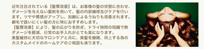 近年注目されている【髪質改善】は、お客様の髪の状態に合わせ、ダメージをあたえない薬剤を用いて、髪の内部補修及びケアを行います。ツヤや質感がアップし、加齢によるうねりも改善されます。癖毛で扱いにくい髪の方に特におすすめします。【髪質改善】により、髪の広がりを防ぎ、ドライ時間の短縮で熱ダメージを軽減、日常のお手入れがとても楽になります。美髪維持に大切なサロンケアと共に、美髪を継続、向上する為のカスタムメイドのホームケアのご相談も承ります。